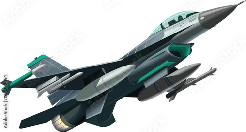 Advanced modern fighter jet aircraft vector illustration with missiles and fuel tanks, military aviation technology concept, detailed combat airplane design, isolated on white background.