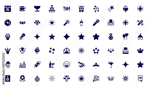 New Year and Celebration Solid Icon Set. A festive collection of vibrant icons designed to enhance celebrations, perfect for party invitations, event promotions, and holiday-themed projects.