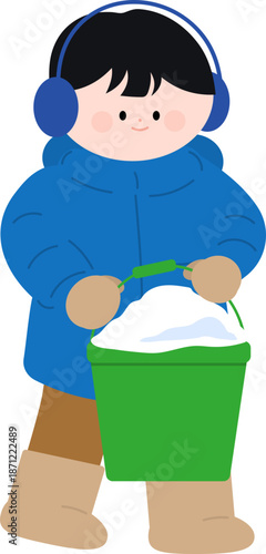 눈 양동이를 들고 가는 남자 어린이 캐릭터
