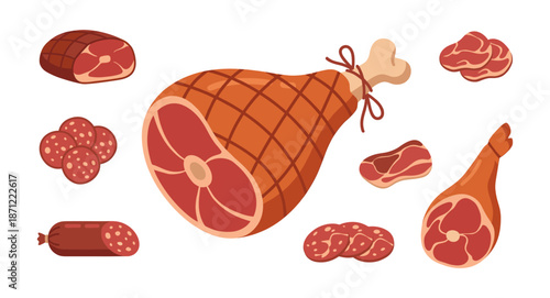 Various meat and sausage products preparing for butchery