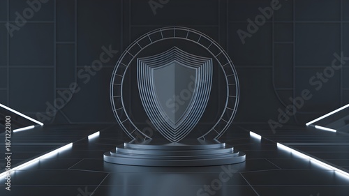 Shield emblem on pedestal in futuristic dark room representing cyber security degree, laptop and network grid imply study of digital defense and threat mitigation.
