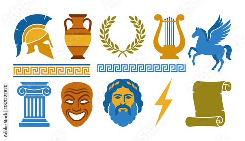 Ancient Greece mythology symbols identifying historical elements