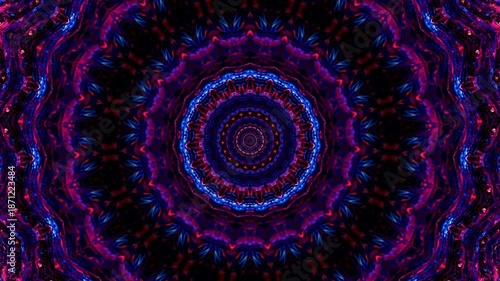 Glowing Floral Star Kaleidoscope Mandala with Vibrant Neon Purple Pink Blue Colors Circular Tunnel Perspective Seamless Motion Background