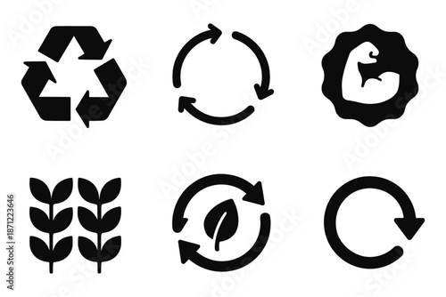 Eco-friendly recycling and sustainability icons set in simple black silhouette style