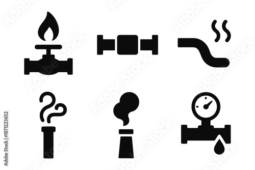 Silhouette gas and pipeline icons set for energy and industry applications