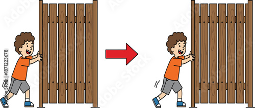 Cartoon child pushing wooden fence comparison, closely spaced and widely spaced planks, illustrating effort, resistance, and physics concept in vector illustration
