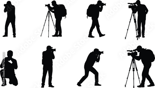 Silhouette sequence of photographers in various poses using cameras and tripods, capturing outdoor travel moments, dynamic photography styles and techniques illustration