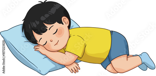 Cartoon child sleeping peacefully on pillow, cute boy resting illustration, bedtime comfort concept artwork, night sleep relaxation, cad drawing flat vector illustration