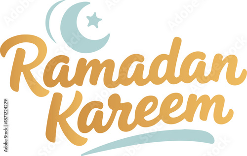 Ramadan kareem greeting with golden script and a light blue crescent moon and star