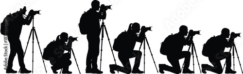 Silhouette sequence of photographers using cameras and tripods, wearing backpacks, capturing outdoor travel shots, diverse stances and dynamic photography techniques illustration