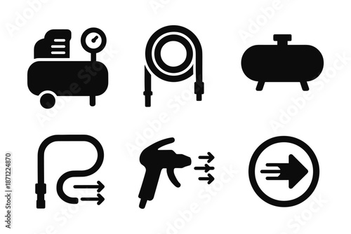 Air compressor equipment icons in black silhouette style