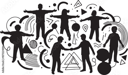 Silhouettes of people in abstract shapes and lines art