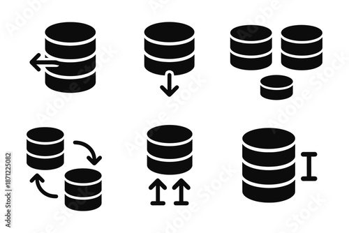 Database management icons set: migration, backup, synchronization silhouettes in black