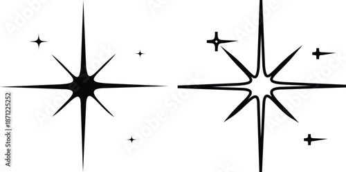 Star icon set in flat and line style, sparkle and shooting star symbols with silhouette and outline shapes, minimal celestial vector illustration collection