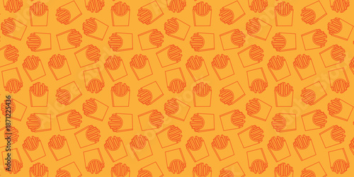 Vibrant seamless pattern of delicious golden french fries, perfect for fast food backgrounds, menu designs, or playful culinary illustrations