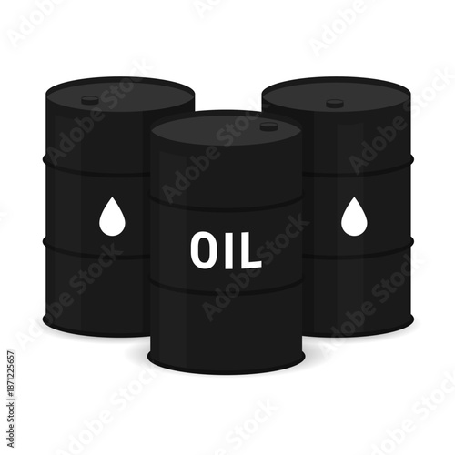 Black oil barrels set. Crude oil industry vector illustration for energy sector news, fuel price infographics, petroleum industry reports, and environmental or economic themes