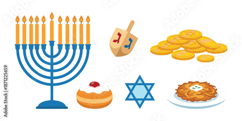 Hanukkah holiday symbols with menorah, dreidel, and latkes