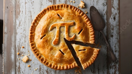 A delicious pie with a slice cut out on a wooden table - Pi Day Background