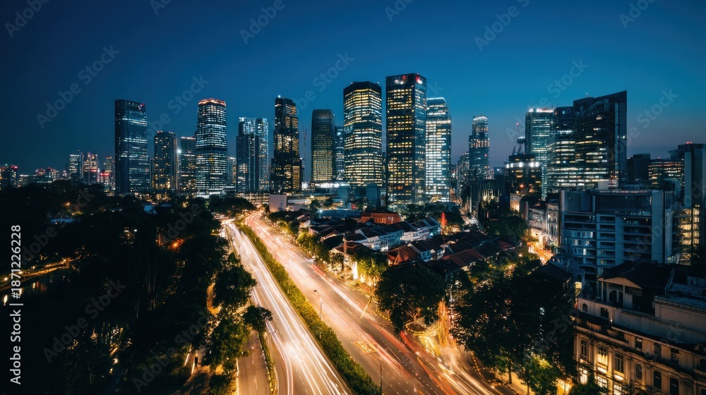 Fototapeta premium Cityscape at night with illuminated buildings and highway