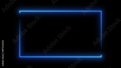 A glowing blue neon rectangle frame on a black background. Modern futuristic light border design suitable for video overlays, gaming intros, technology visuals, and digital motion graphics projects.