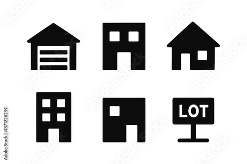 Minimalist real estate icon set: houses, garage, and lot sign symbols