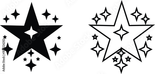 Star icon set in flat and line style, sparkle and shooting star symbols with silhouette and outline shapes, minimal celestial vector illustration collection