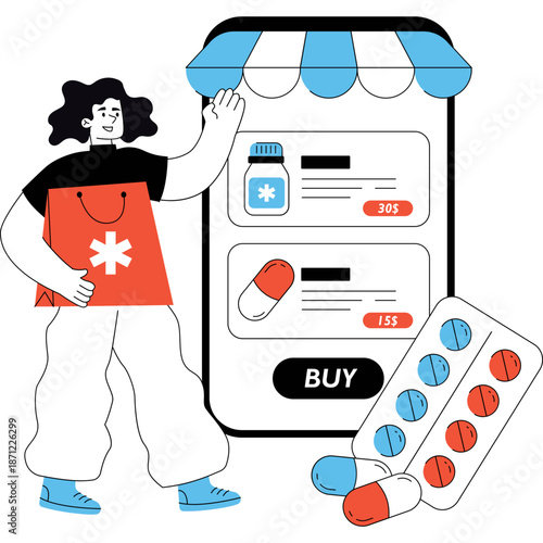Online Pharmacy Mobile App with Person and Pills