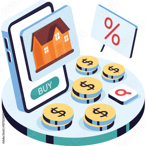 Online real estate purchase with coins and discount symbol