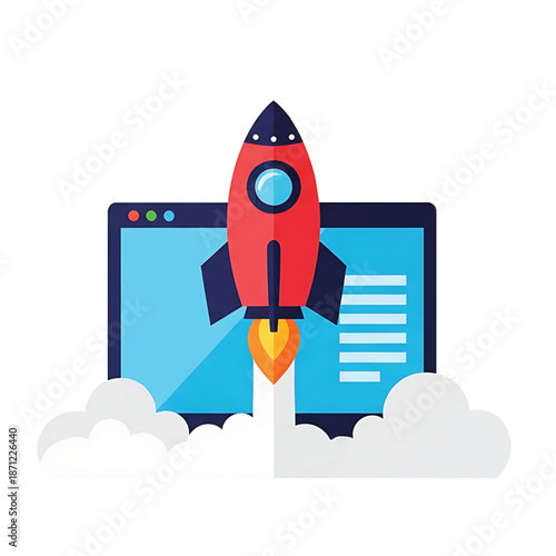Rocket Launching from Computer Screen for Startup and Web Development cartoon rocket on the cloud