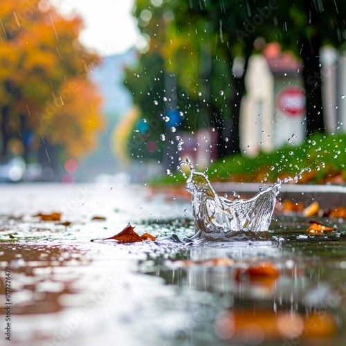 Close-up of heavy rain hitting the ground, water splashing everywhere