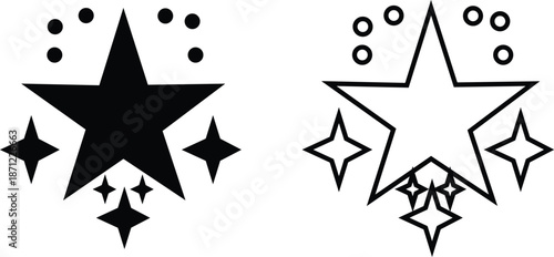Star icon set in flat and line style, sparkle and shooting star symbols with silhouette and outline shapes, minimal celestial vector illustration collection