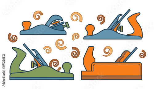 Hand plane woodworking tools with wood shavings