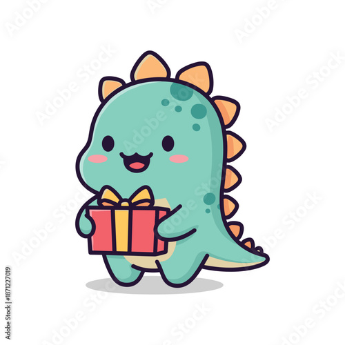 фотографія Cute Cartoon Dinosaur Holding Gift Box Vector Illustration