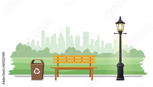 Park scene with bench, trash can, lamppost, trees and city skyline silhouette