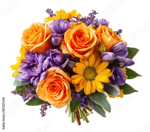 Vibrant bouquet of orange roses, yellow daisies, and purple flowers (1)