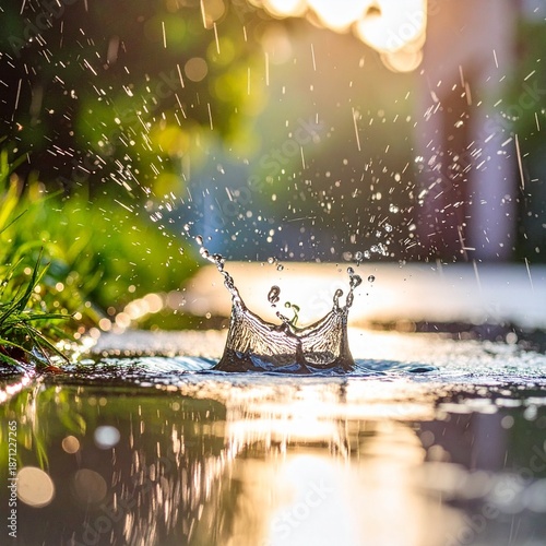 Close-up of heavy rain hitting the ground, water splashing everywhere