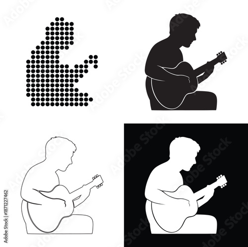 Musician plays acoustic guitar, depicted in silhouette and dot art styles