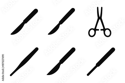 Set of black surgical instruments icons including scalpels and scissors