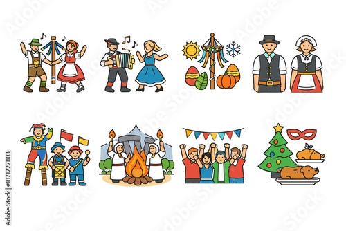 Colorful folk festival icons showing traditional dancers, accordion music, seasonal symbols, bonfire celebration, cheering crowd, and festive foods