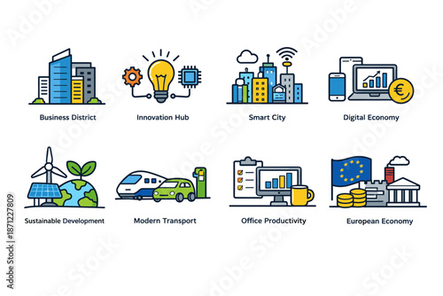 Set of colorful line icons illustrating business district, innovation hub, smart city, digital economy, sustainability, transport, productivity, and economy