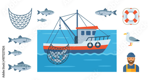 Fishing boat catching fish with net icon set
