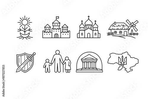 Minimal line icon set of national symbols featuring trident, castle, cathedral, family, shield, museum building, sun and farm windmill