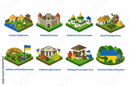 Isometric heritage and history icons showing settlement, fortress, church complex, rural scene, defense zone, cultural legacy, preservation, ecosystem