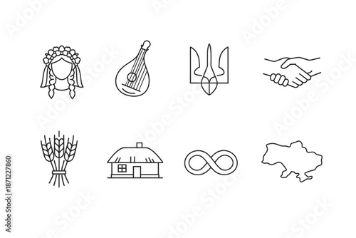 Minimal line icons featuring traditional culture symbols including folk woman, lute, trident emblem, handshake, wheat sheaf, cottage, infinity, map outline
