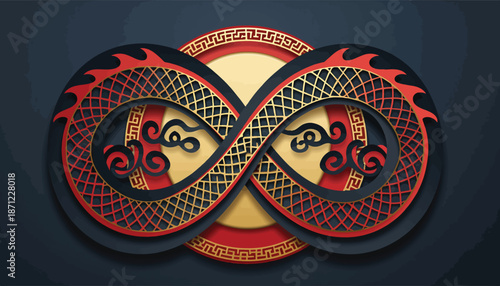 Infinity symbol with two intertwined dragons in traditional Asian style.