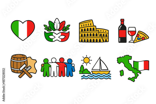 Collection of Italian culture icons featuring flag heart, carnival mask, ancient amphitheater, wine and pizza, barrel tools, friends, sailboat, and map
