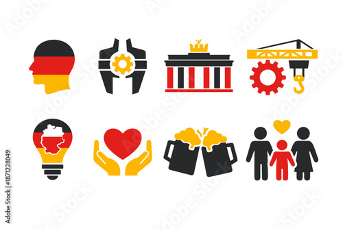 German-themed infographic icons showing profile silhouette, industrial gear, landmark gate, construction crane, idea lightbulb, heart care, beer mugs, and family