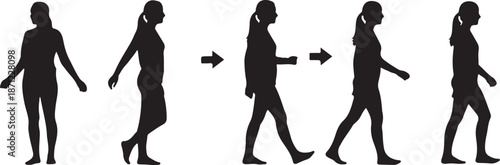 Silhouette of woman walking in different poses sequence