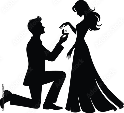 Silhouette of man proposing marriage with ring to woman romantic gesture for wedding invitation or greeting card isolated on white