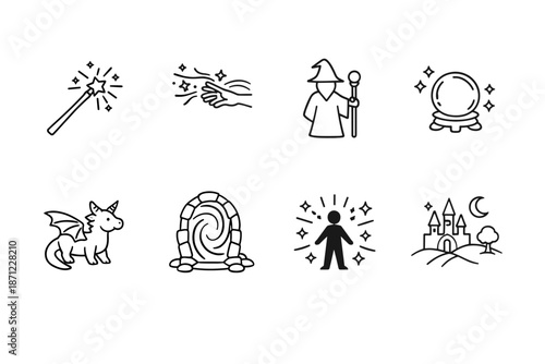 Fantasy magic icon set featuring wand, spellcasting hand, wizard, crystal ball, dragon, portal doorway, enchanted silhouette, and castle scene